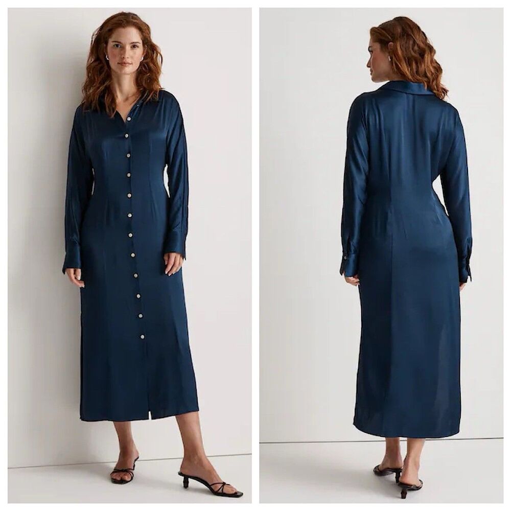 Madewell Satin Button Front Midi Shirt Dress Womens Sz 10 Navy Blue Long Sleeve